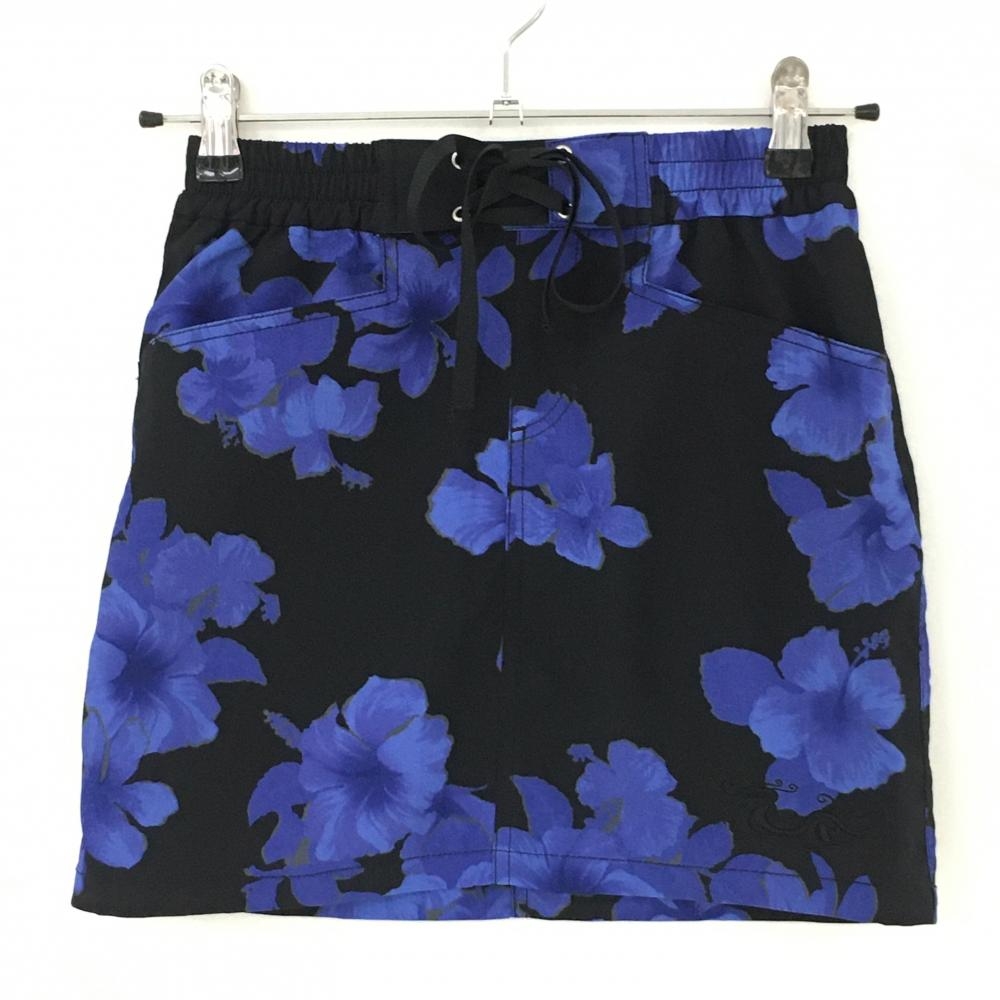【超美品】ダンスウィズドラゴン スカート 黒×ブルー 花柄 ウエスト一部ゴム レディース 1(S) ゴルフウェア Dance With Dragon