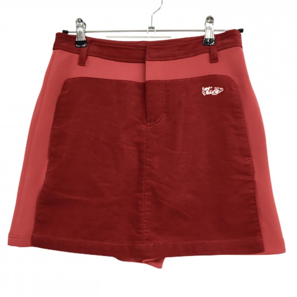 【超美品】ダンスウィズドラゴン 異素材スカート レッド×白 後ロゴ 内側インナーパンツ レディース 2(M) ゴルフウェア Dance With Dragon