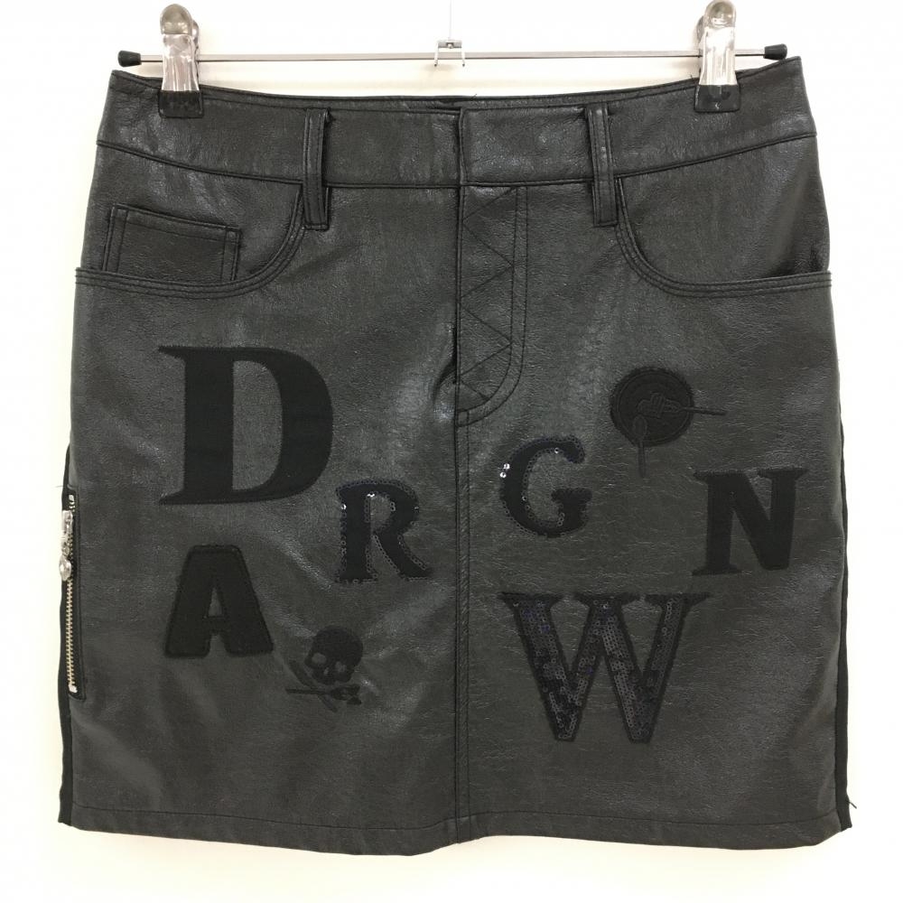 【超美品】ダンスウィズドラゴン スカート 黒 前後切替 フロントロゴ・合皮調 レディース 2(M) ゴルフウェア Dance With Dragon