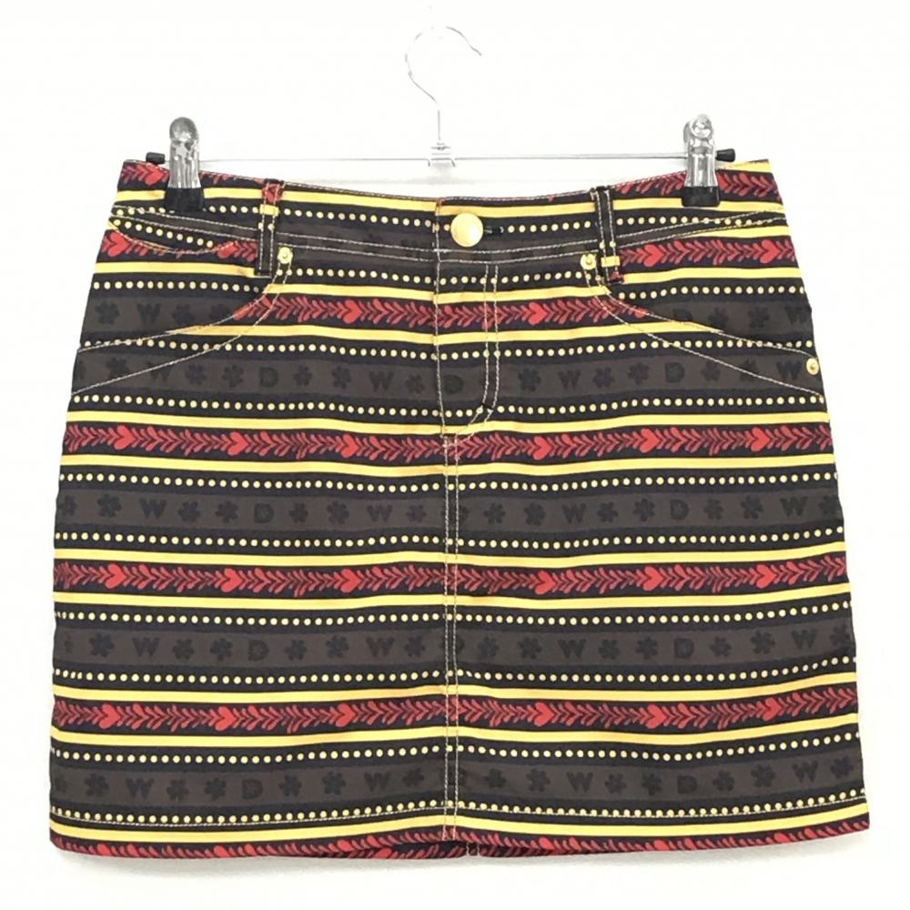 【超美品】ダンスウィズドラゴン スカート 黒×ブラウン×イエロー 総柄 ボーダー ドット レディース 3(L) ゴルフウェア Dance With Dragon