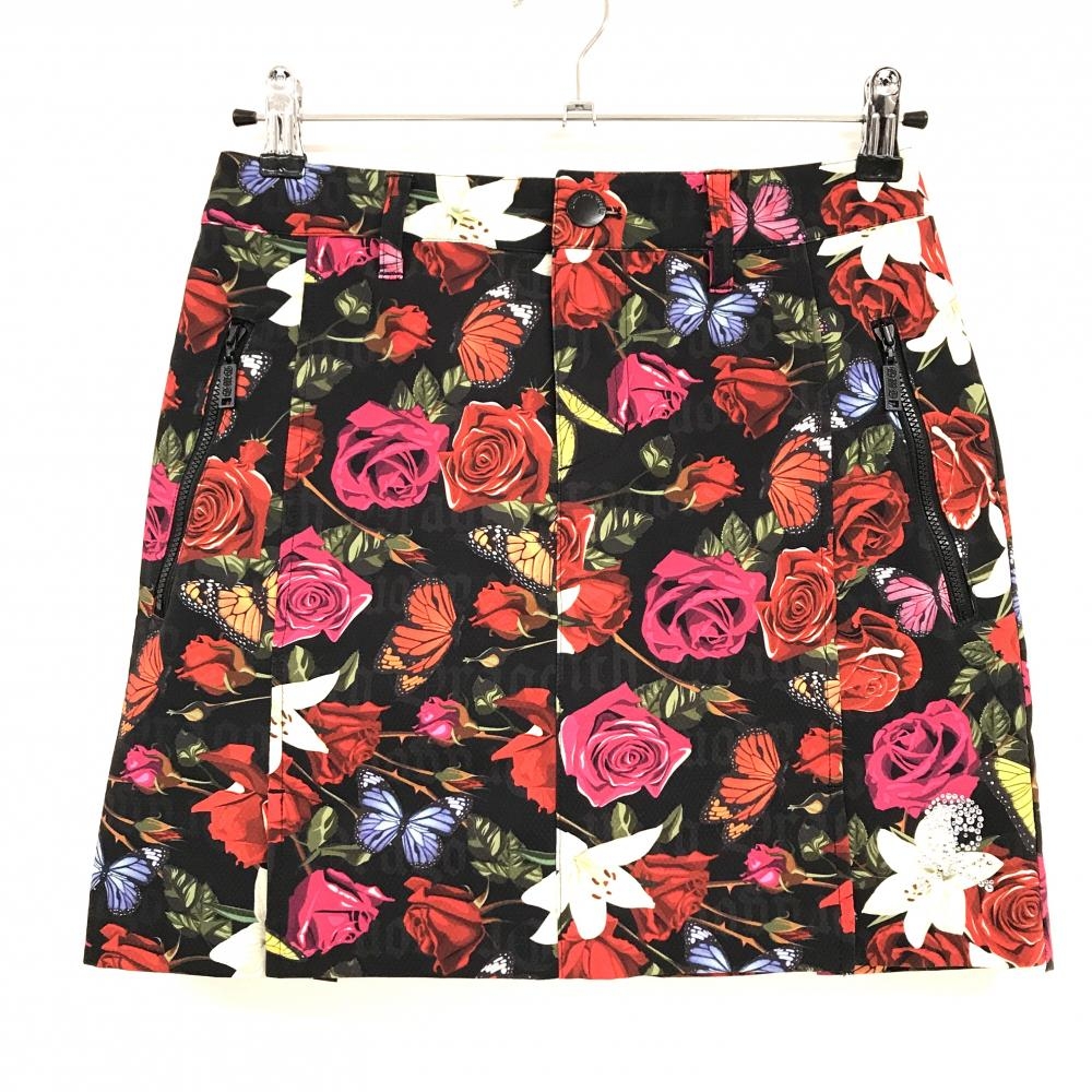 【超美品】ダンスウィズドラゴン スカート 黒×マルチカラー 花柄 ストレッチ  レディース 2(M) ゴルフウェア Dance With Dragon