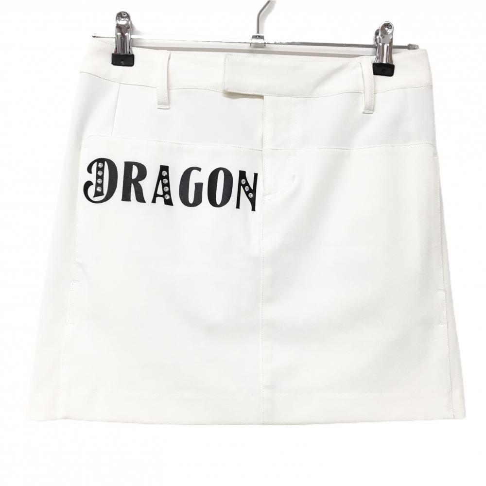 【美品】ダンスウィズドラゴン スカート 白×黒 ビッグロゴ ラインストーン レディース 2(M) ゴルフウェア Dance With Dragon