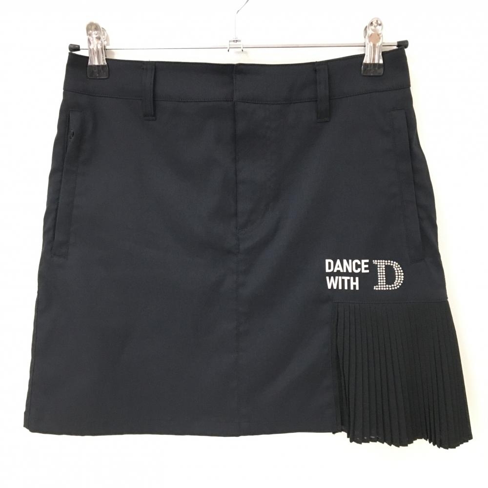 【超美品】ダンスウィズドラゴン スカート 黒 サイド裾プリーツ ラインストーンロゴ  レディース M ゴルフウェア Dance With Dragon
