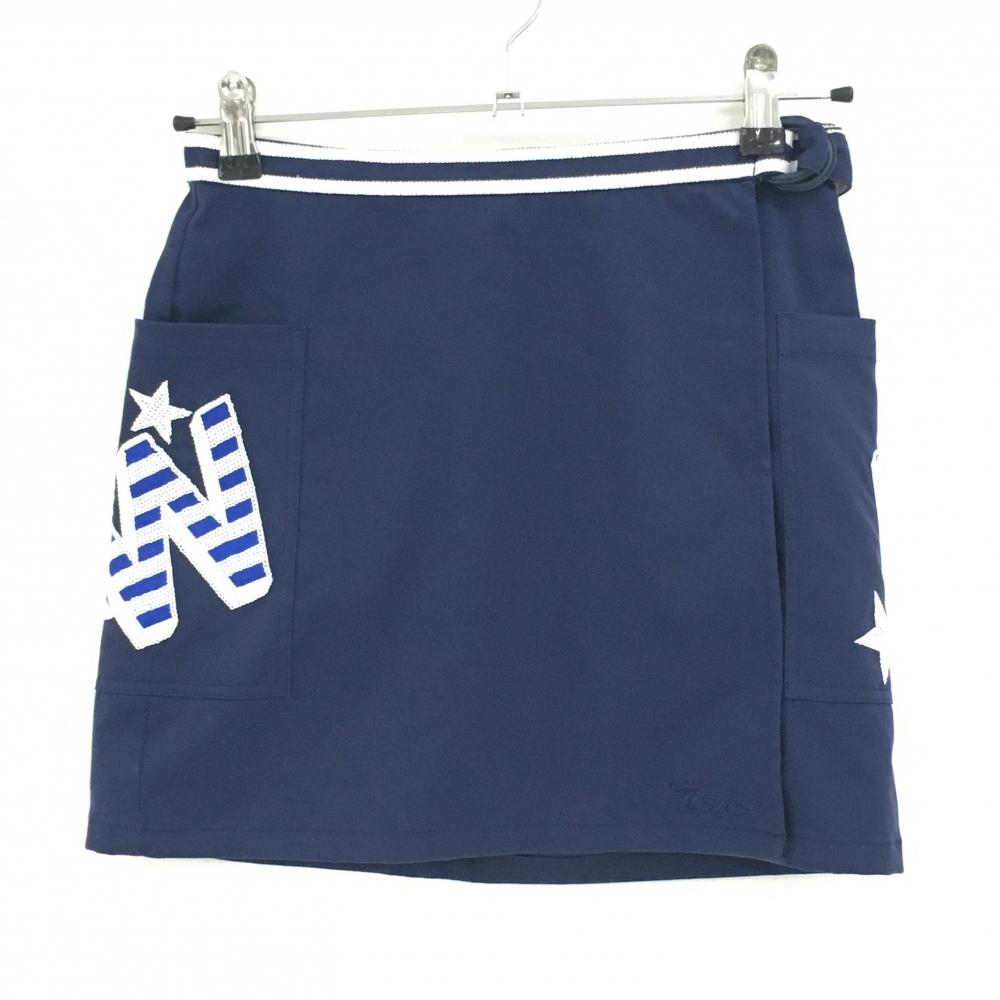 【超美品】ダンスウィズドラゴン 巻きスカート ネイビー×白 スパンコールロゴ  レディース 1(S) ゴルフウェア Dance With Dragon