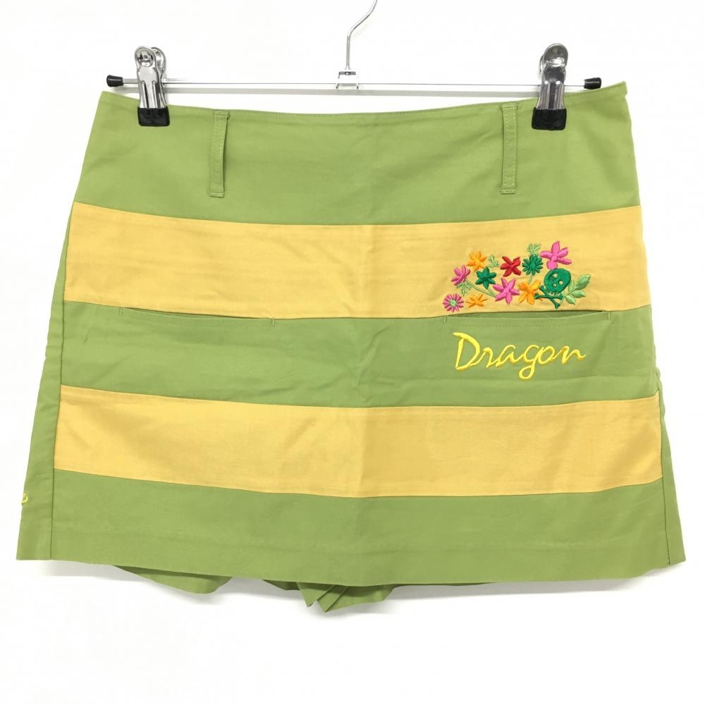 【美品】ダンスウィズドラゴン キュロットスカート グリーン×ベージュ 花刺しゅう レディース 3(L) ゴルフウェア Dance With Dragon
