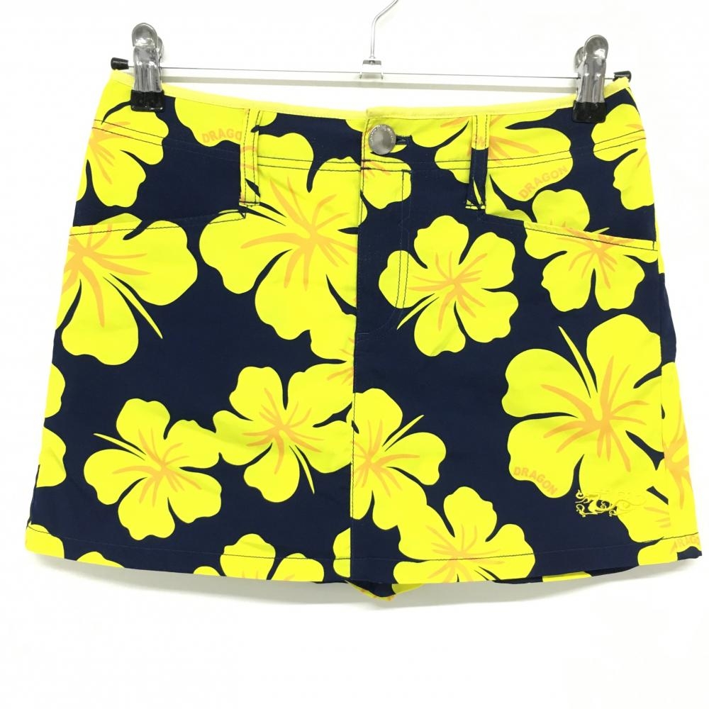 【美品】ダンスウィズドラゴン キュロットスカート ネイビー×イエロー 花柄 レディース 1(S) ゴルフウェア Dance With Dragon