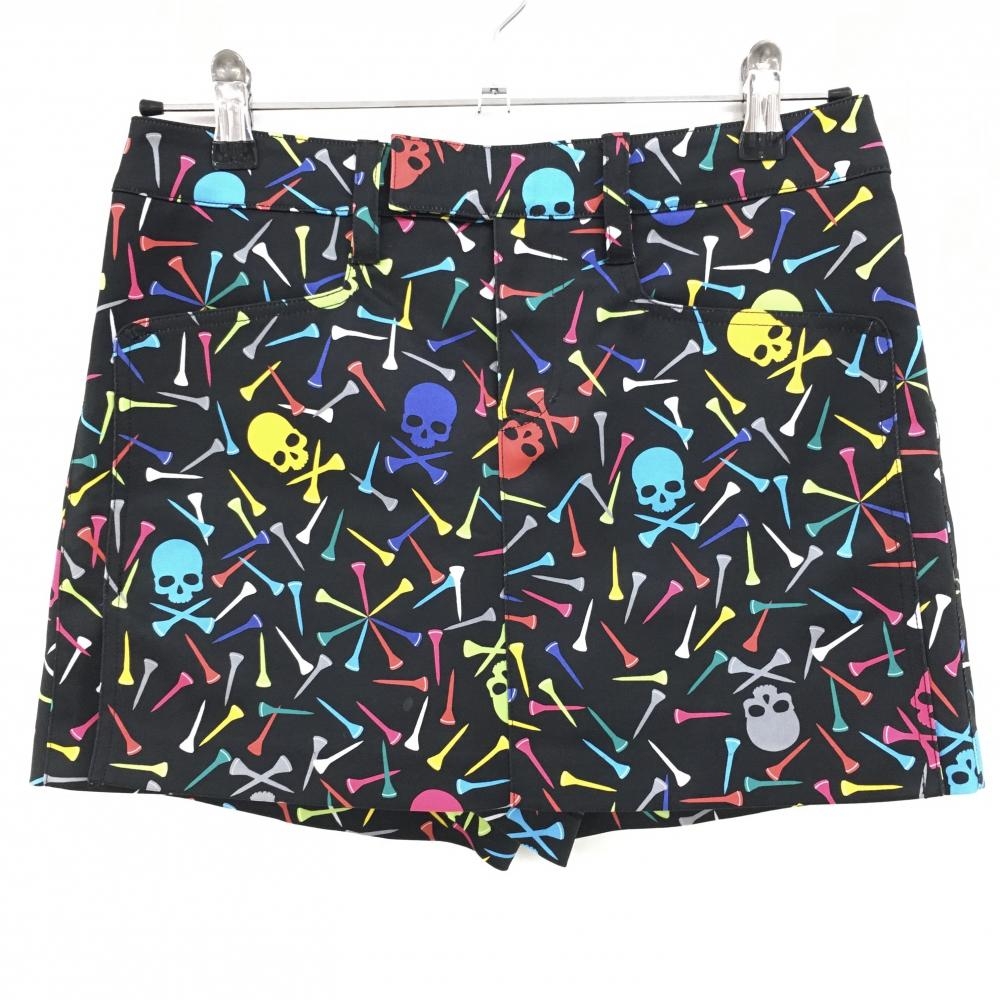 【美品】ダンスウィズドラゴン キュロットスカート 黒×マルチカラー 総柄 スカル レディース 2(M) ゴルフウェア Dance With Dragon