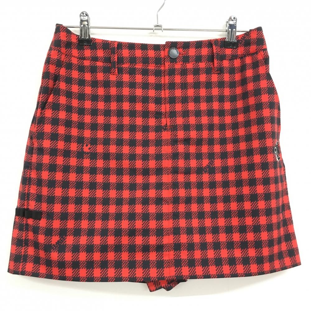 【超美品】ダンスウィズドラゴン ラップキュロットスカート レッド×黒 チェック レディース 2(M) ゴルフウェア Dance With Dragon