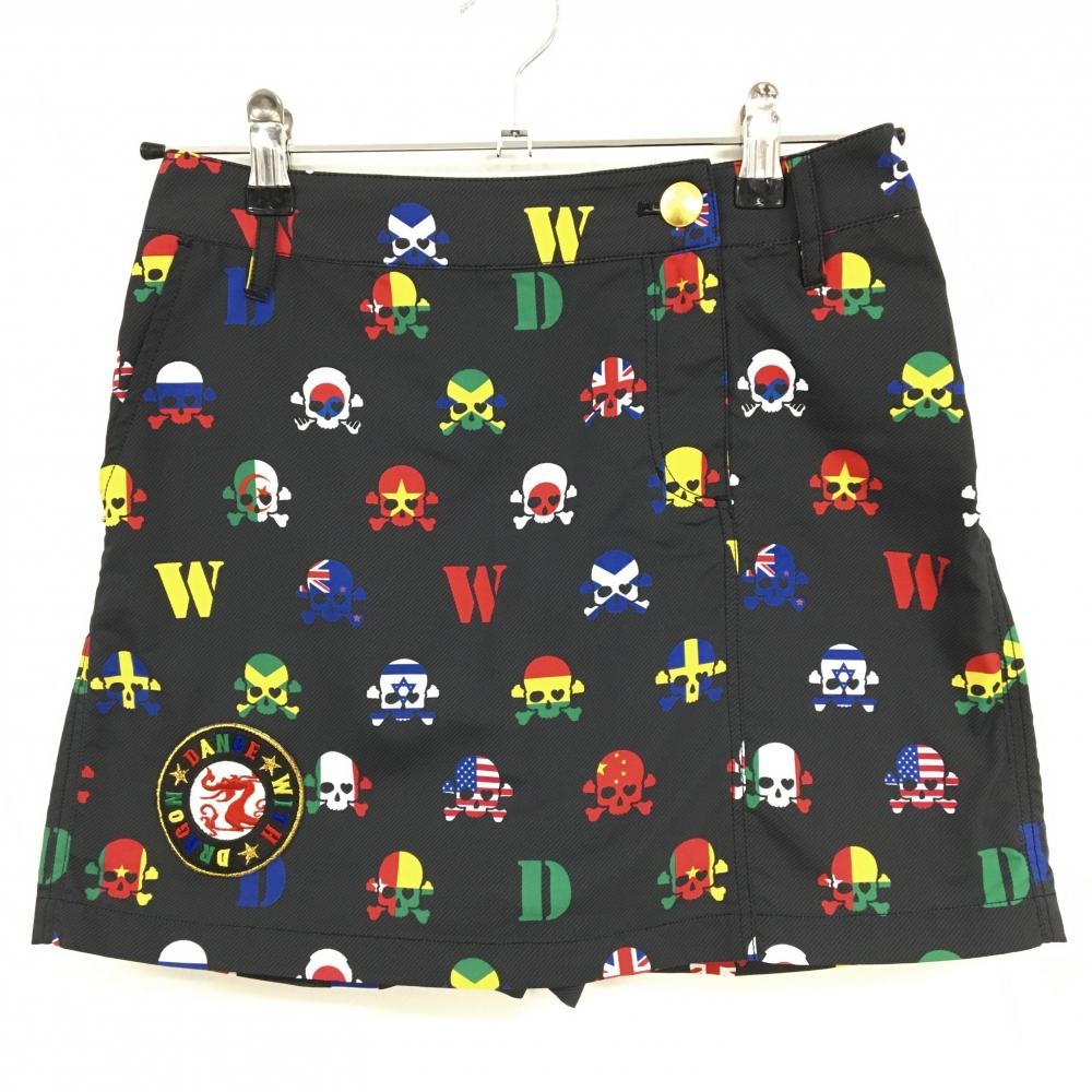 【美品】ダンスウィズドラゴン キュロットスカート 黒×マルチカラー スカル総柄 裾ロゴ レディース 1(S) ゴルフウェア Dance With Dragon