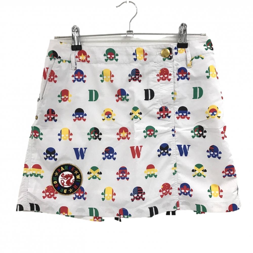 【美品】ダンスウィズドラゴン キュロットスカート 白×マルチカラー 総柄 レディース 3(L) ゴルフウェア Dance With Dragon