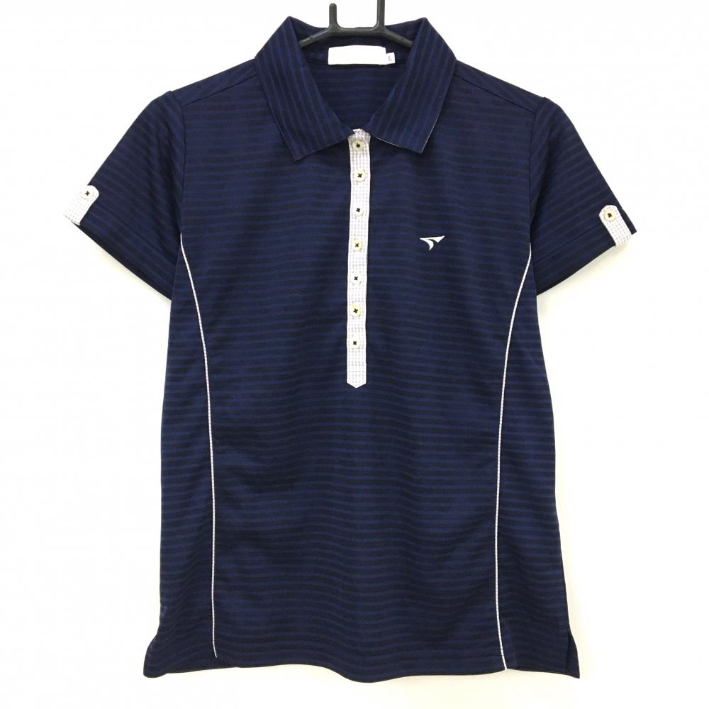 【超美品】ツアーステージ 半袖ポロシャツ　ダークネイビー×ネイビー ボーダー レディース L ゴルフウェア TOURSTAGE
