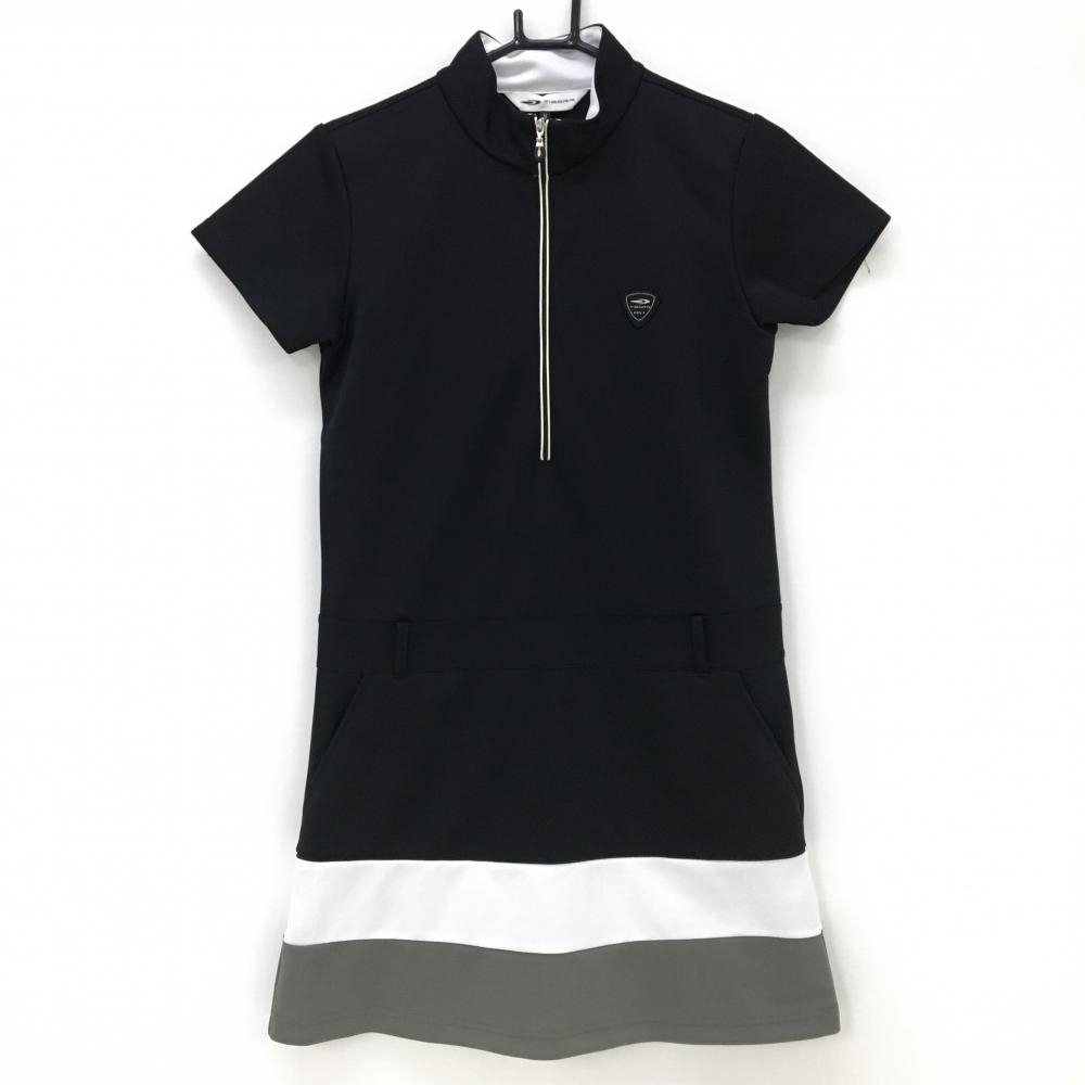 【美品】ティゴラ 半袖ワンピース 黒×白×グレー ハーフジップ ロゴワッペン レディース M ゴルフウェア TIGORA
