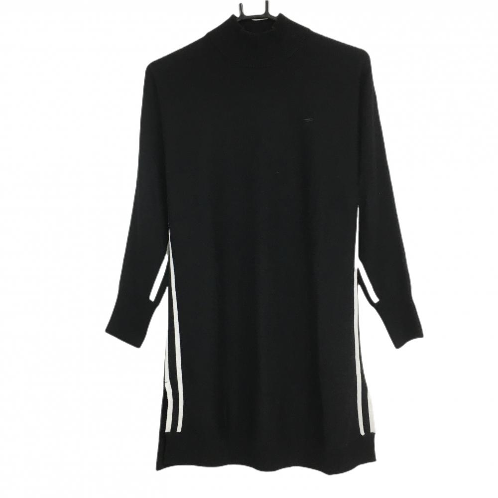 【超美品】ティゴラ ハイネックニットワンピース 黒×白 ウール混 サイドスリット レディース S ゴルフウェア TIGORA