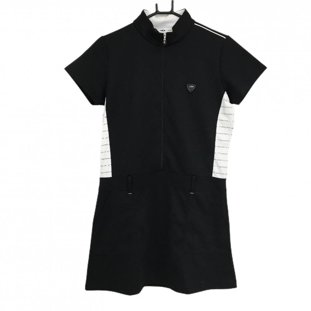 【美品】ティゴラ ハイネックワンピース 黒×白 サイド一部ロゴ総柄 上部ジップ  レディース L ゴルフウェア TIGORA
