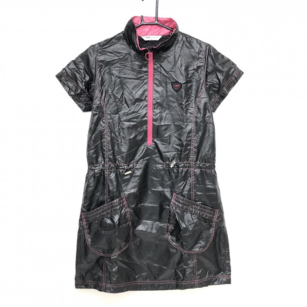 【美品】ティゴラ 半袖ハイネックワンピース 黒×ピンク ハーフジップ ウエストドローコード レディース L ゴルフウェア TIGORA