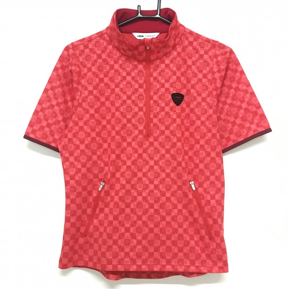 【超美品】ティゴラ 半袖ハイネックシャツ レッド スクエア総柄 ハーフジップ レディース M ゴルフウェア TIGORA