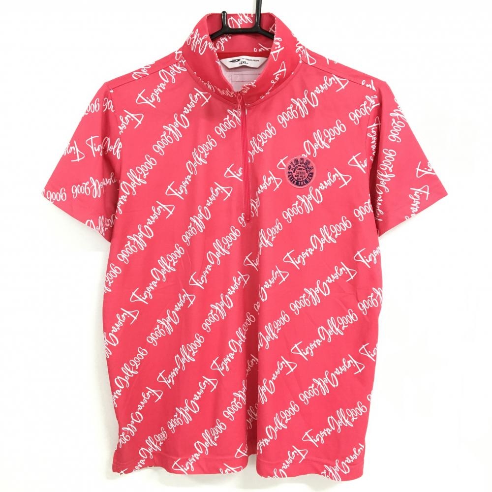【美品】ティゴラ 半袖ハイネックシャツ レッドピンク系×白 英字総柄 数字柄 レディース 2XL ゴルフウェア 大きいサイズ TIGORA