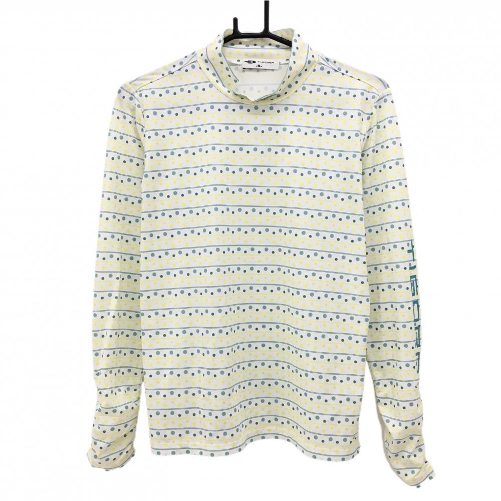 【超美品】ティゴラ 長袖ハイネックシャツ 白×グリーン×イエロー ボーダー ドット 袖シャーリング レディース M ゴルフウェア TIGORA