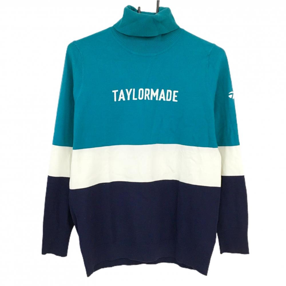 テーラーメイド ハイネックセーター グリーン系×白 フロントロゴ ニット ウール混  レディース L ゴルフウェア TaylorMade