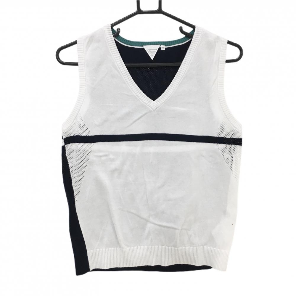 【美品】テーラーメイド ニットベスト 白×ネイビー コットン100% 一部メッシュ編み  レディース M ゴルフウェア TaylorMade
