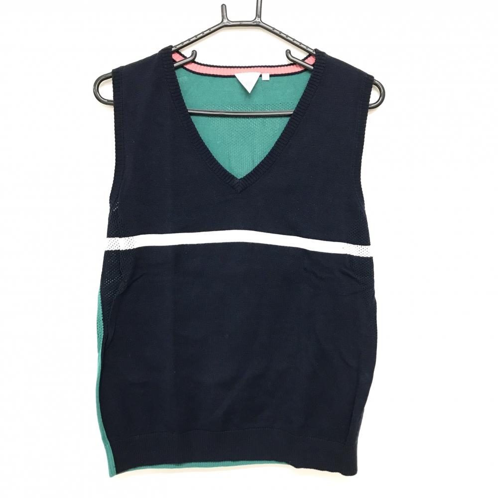 【美品】テーラーメイド ニットベスト ネイビー×白×グリーン Vネック 腹部ライン レディース L ゴルフウェア TaylorMade