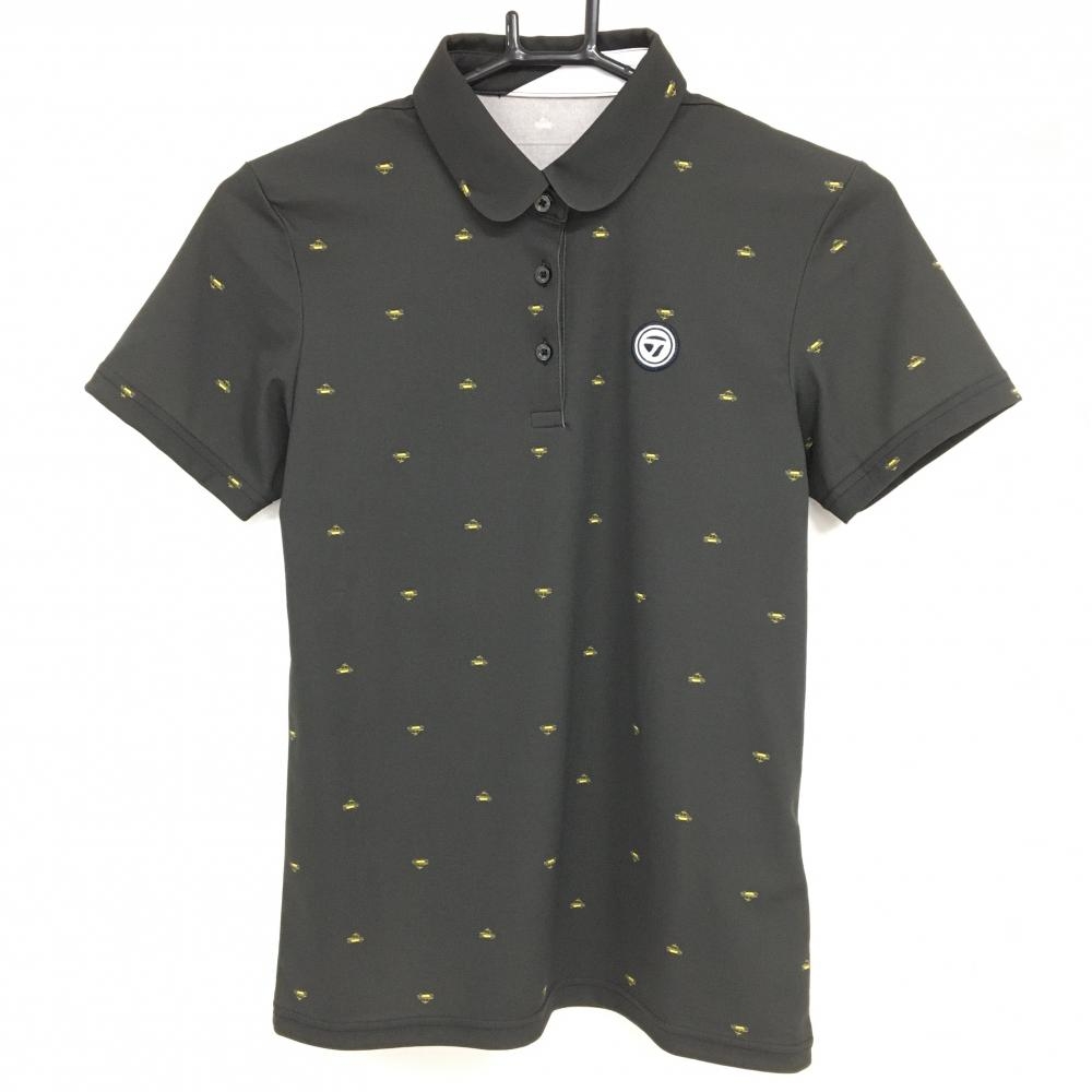 【美品】テーラーメイド 半袖ポロシャツ 黒系×イエロー 車柄 胸元ワッペン レディース M ゴルフウェア TaylorMade