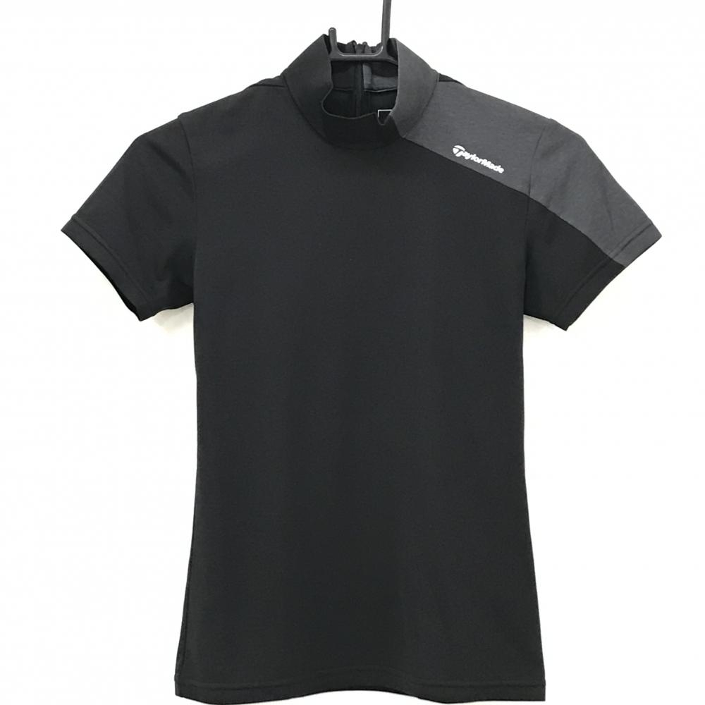 【超美品】テーラーメイド 半袖ハイネックシャツ 黒×杢グレー 後ろハーフジップ ロゴ白 レディース XS ゴルフウェア TaylorMade