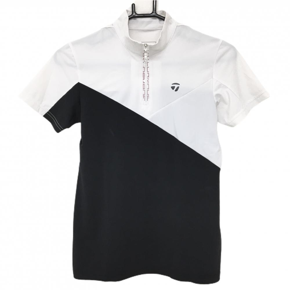 【美品】テーラーメイド 半袖ハイネックシャツ 白×黒 ハーフジップ 胸ロゴ  レディース S ゴルフウェア TaylorMade