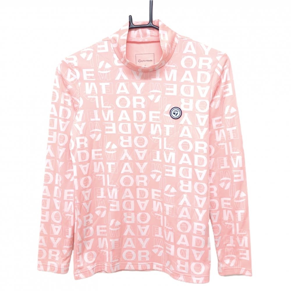 【超美品】テーラーメイド 長袖ハイネックシャツ ピンク×白 ロゴ英字総柄 ロゴワッペン レディース S ゴルフウェア TaylorMade