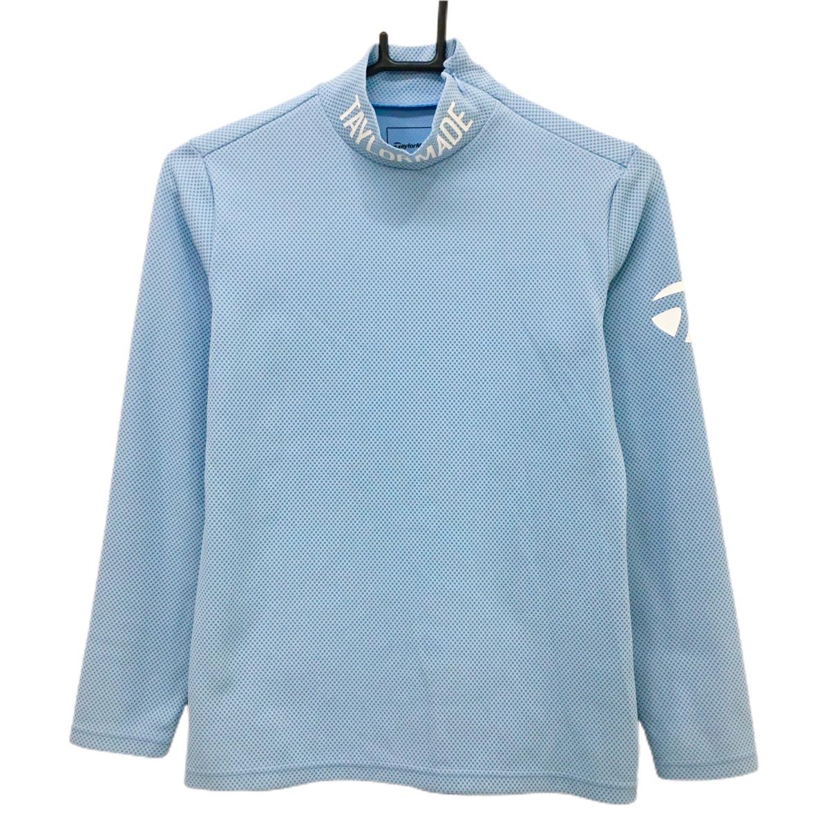 【超美品】テーラーメイド 長袖ハイネックシャツ ライトブルー×白 織生地 ネックプリントロゴ レディース M ゴルフウェア TaylorMade