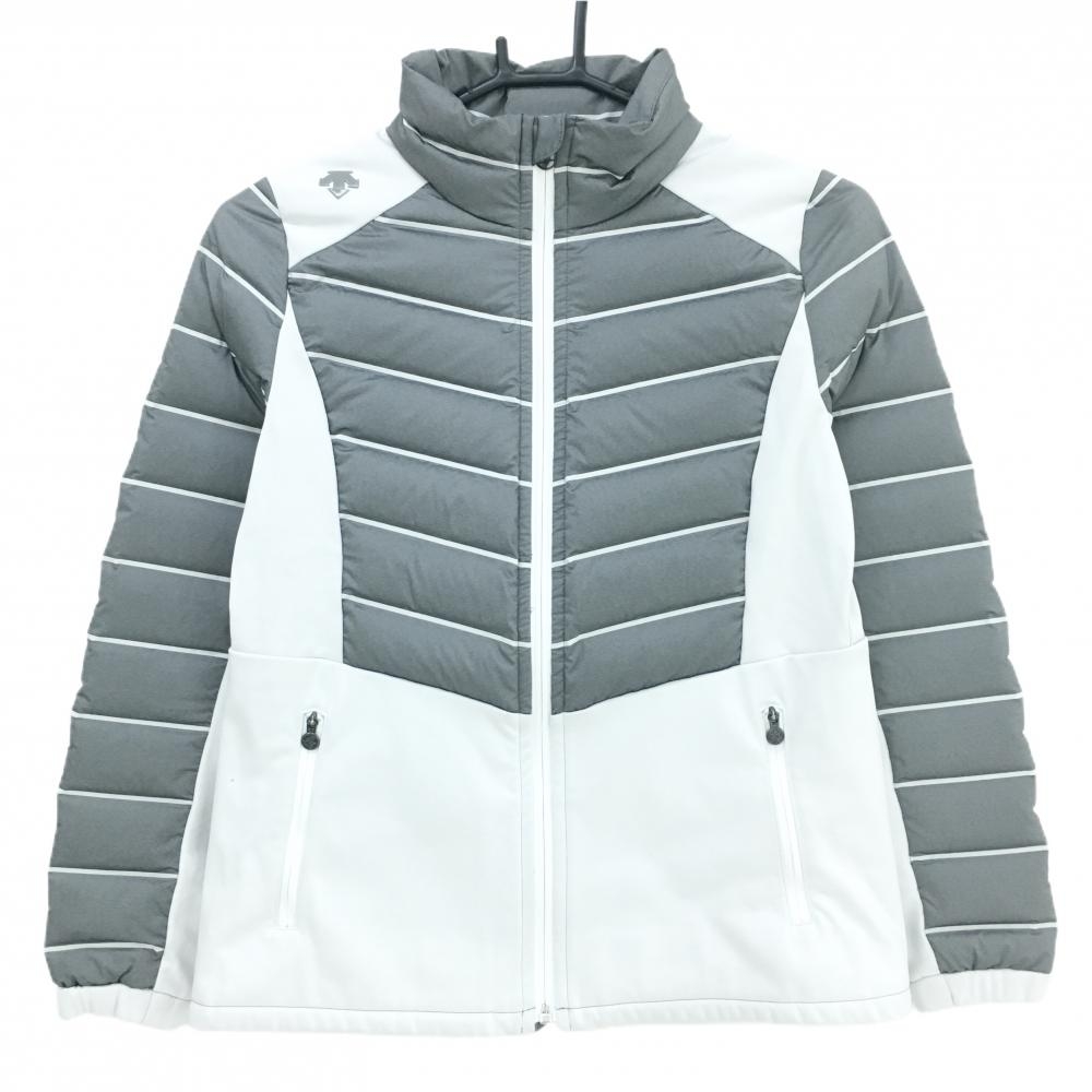 【美品】デサントゴルフ ダウンジャケット グレー×ライトグレー ボーダー風 下部・サイド切替素材  レディース S ゴルフウェア DESCENTE