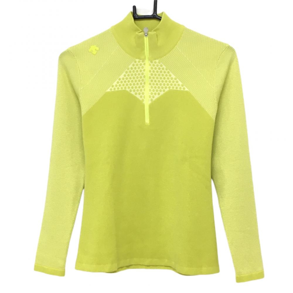 【美品】デサントゴルフ セーター ライトグリーン 斜めストライプ×ドット ハーフジップ ニット レディース S ゴルフウェア DESCENTE