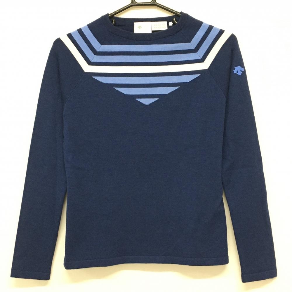 【美品】デサントゴルフ セーター ネイビー×ライトブルー 一部ボーダー ニット 中田英寿 レディース M ゴルフウェア DESCENTE