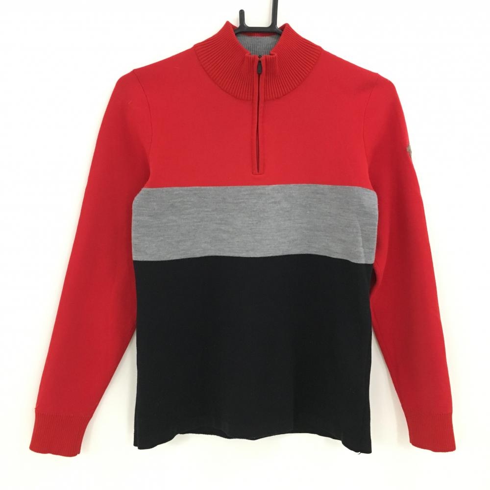 【美品】デサントゴルフ ハイネックセーター レッド×黒 ハーフジップ 袖ロゴ ウール混 ニット レディース M ゴルフウェア DESCENTE