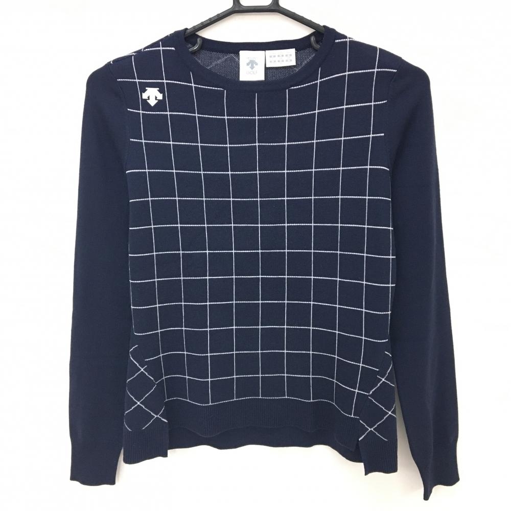 【美品】デサントゴルフ セーター ネイビー×白 身頃チェック ロゴ 中田英寿  レディース S ゴルフウェア DESCENTE