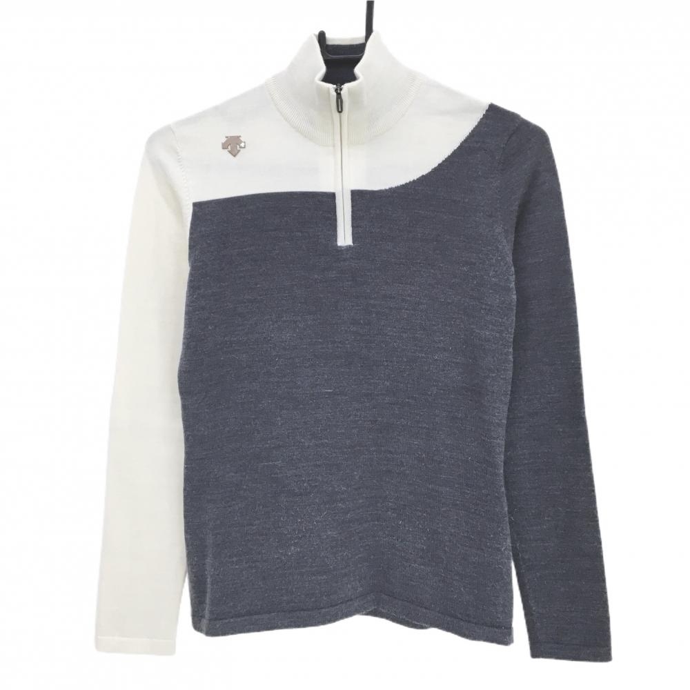 デサントゴルフ ハイネックセーター 白×グレー ハーフジップ ウール混 ニット 中田英寿  レディース M ゴルフウェア DESCENTE