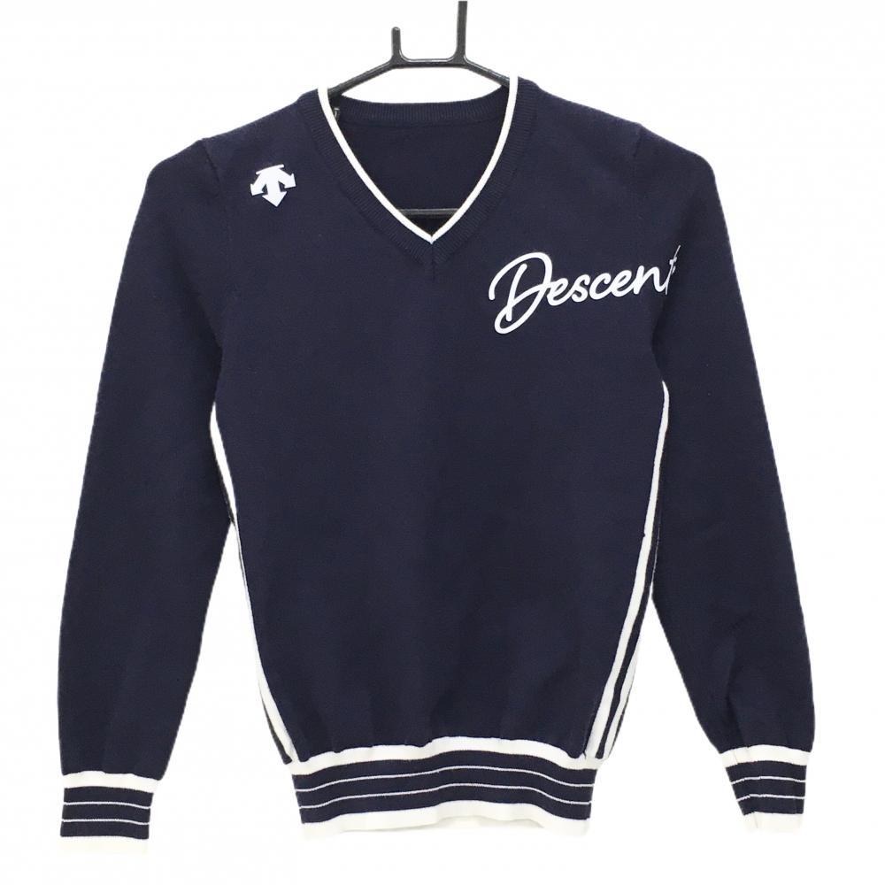 デサント セーター ネイビー×白 Vネック 肩ロゴ ニット  レディース S ゴルフウェア DESCENTE