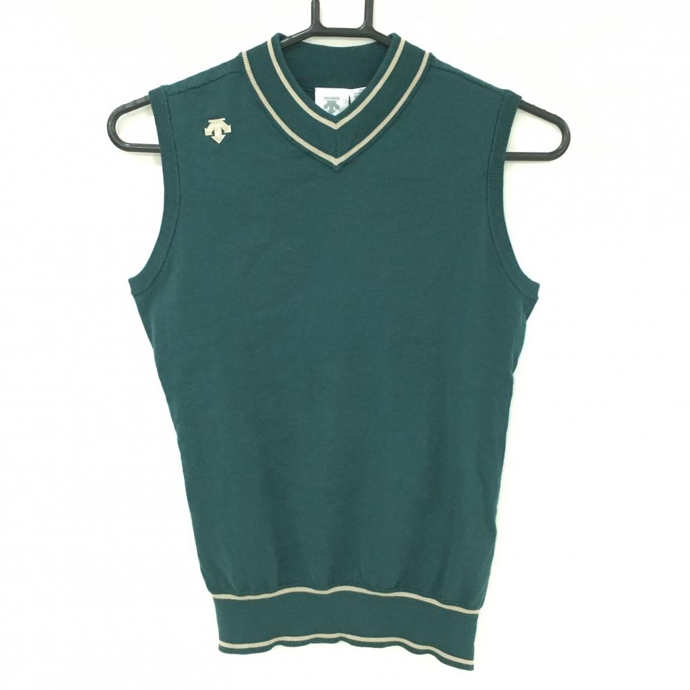 【美品】デサントゴルフ ニットベスト ダークグリーン×ベージュ 肩ロゴ 中田英寿 レディース M ゴルフウェア DESCENTE