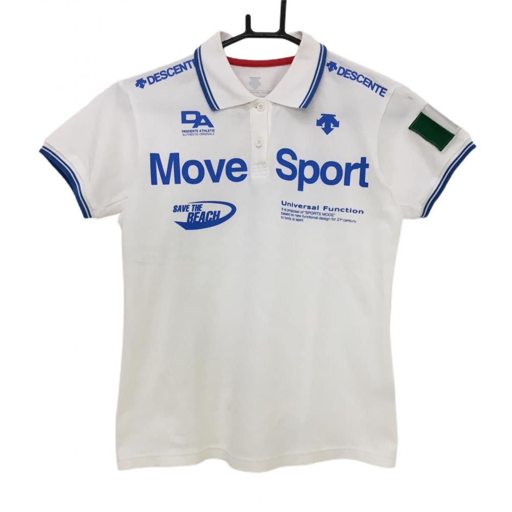 デサント 半袖ポロシャツ 白×ブルー フロントプリント リブライン イタリアワッペン  レディース Ｍ ゴルフウェア DESCENTE