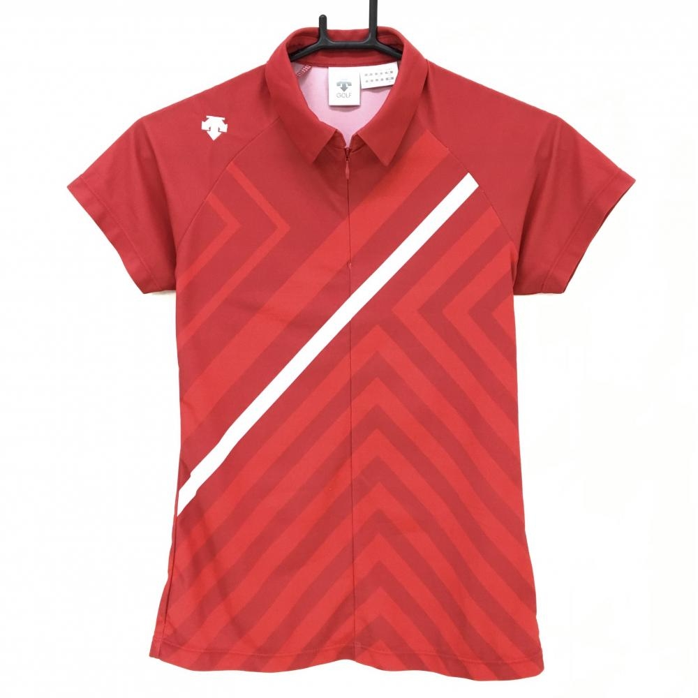 【美品】デサントゴルフ 半袖ポロシャツ レッド×白 身頃総柄 ハーフジップ 中田英寿 レディース S ゴルフウェア DESCENTE