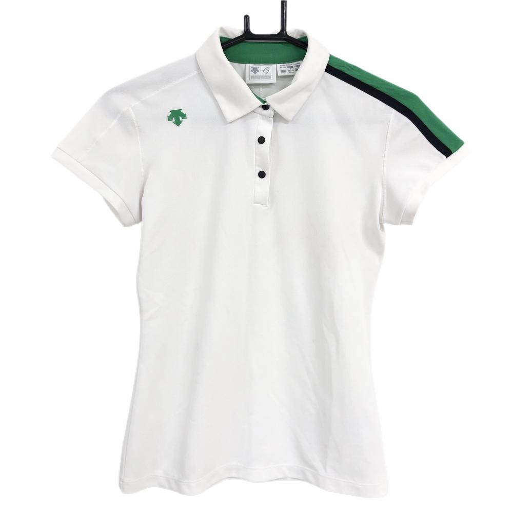 デサントゴルフ 半袖ポロシャツ 白×グリーン 胸元ロゴ スナップボタン 中田英寿  レディース S ゴルフウェア DESCENTE