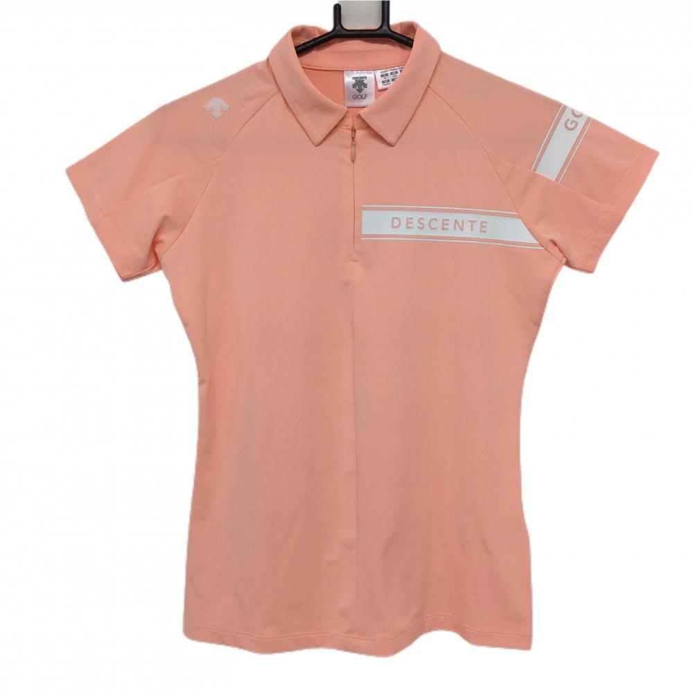 【超美品】デサントゴルフ 半袖ポロシャツ ピンク×白 ハーフジップ 胸元ロゴライン 中田英寿 レディース S ゴルフウェア DESCENTE