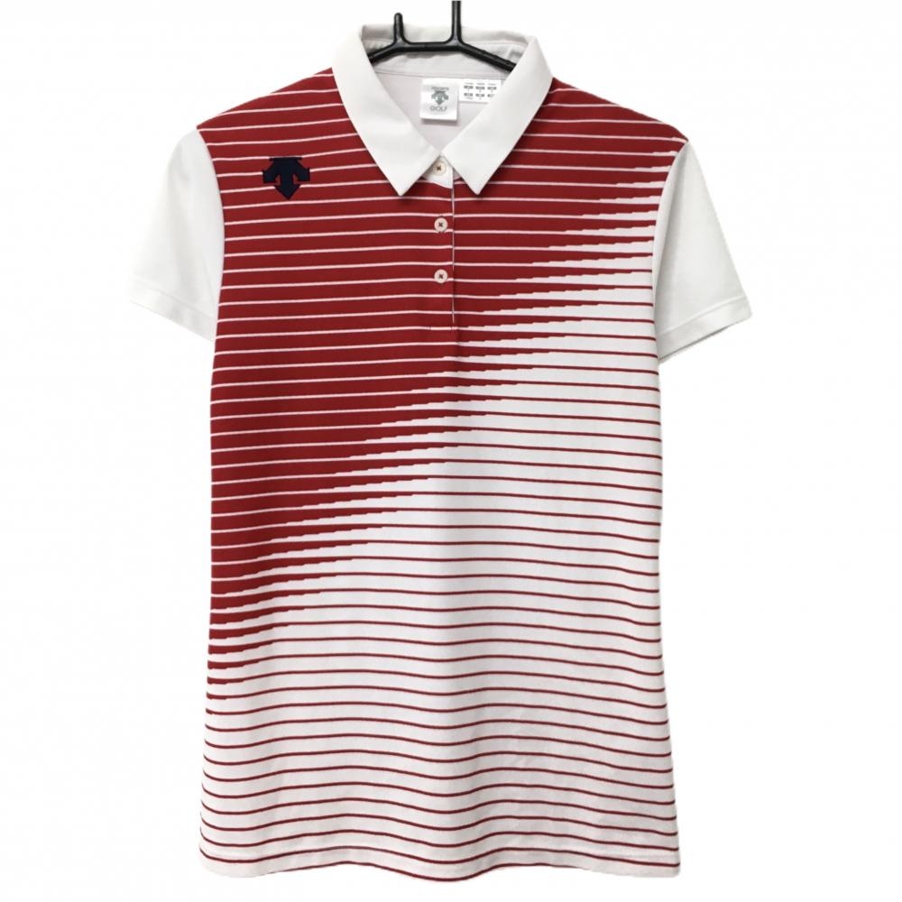 【超美品】デサントゴルフ 半袖ポロシャツ 白×レッド 身頃ボーダー ロゴ刺しゅう 中田英寿 レディース O(XL) ゴルフウェア DESCENTE
