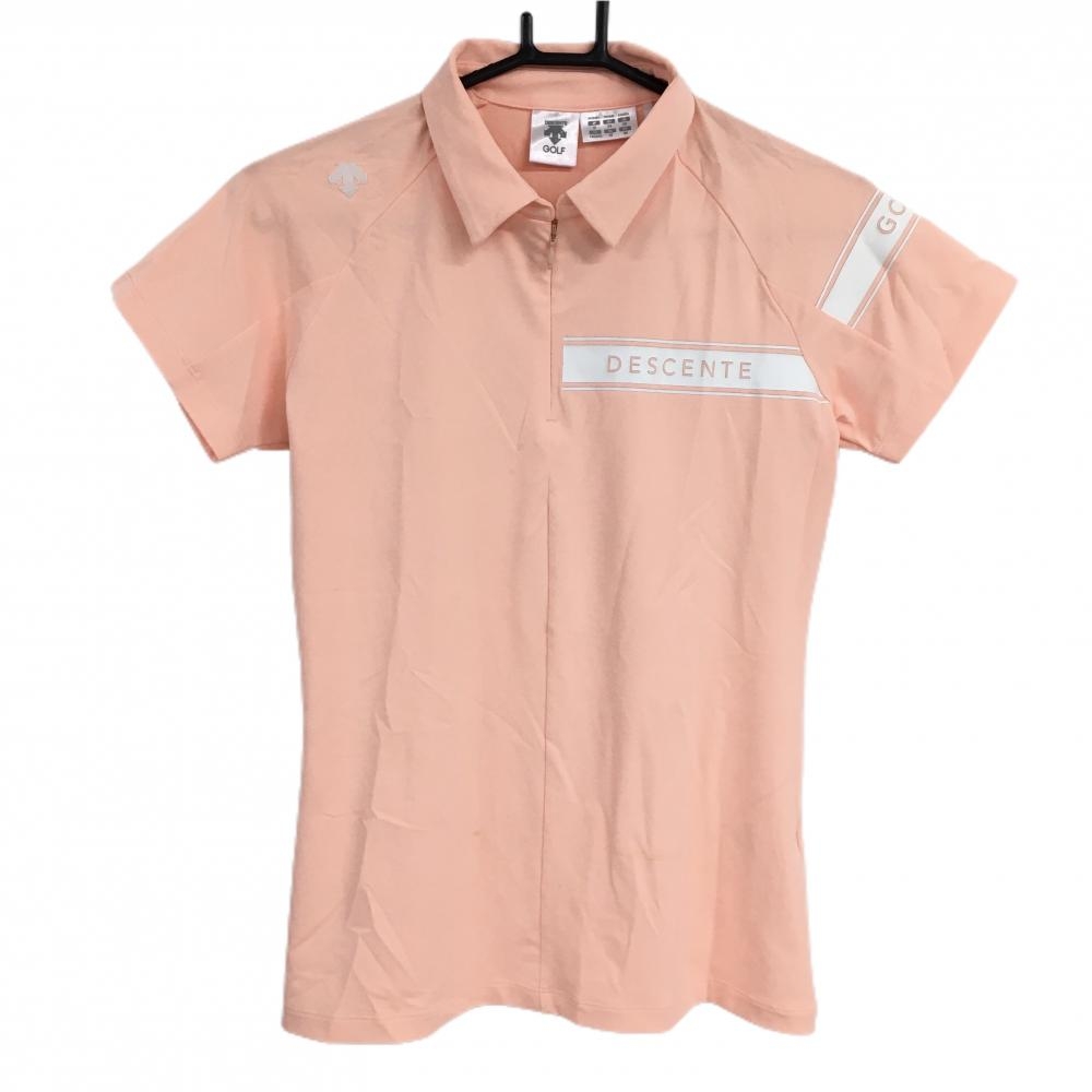 デサントゴルフ 半袖ポロシャツ サーモンピンク×白 肩ロゴ ハーフジップ 中田英寿 レディース M ゴルフウェア DESCENTE