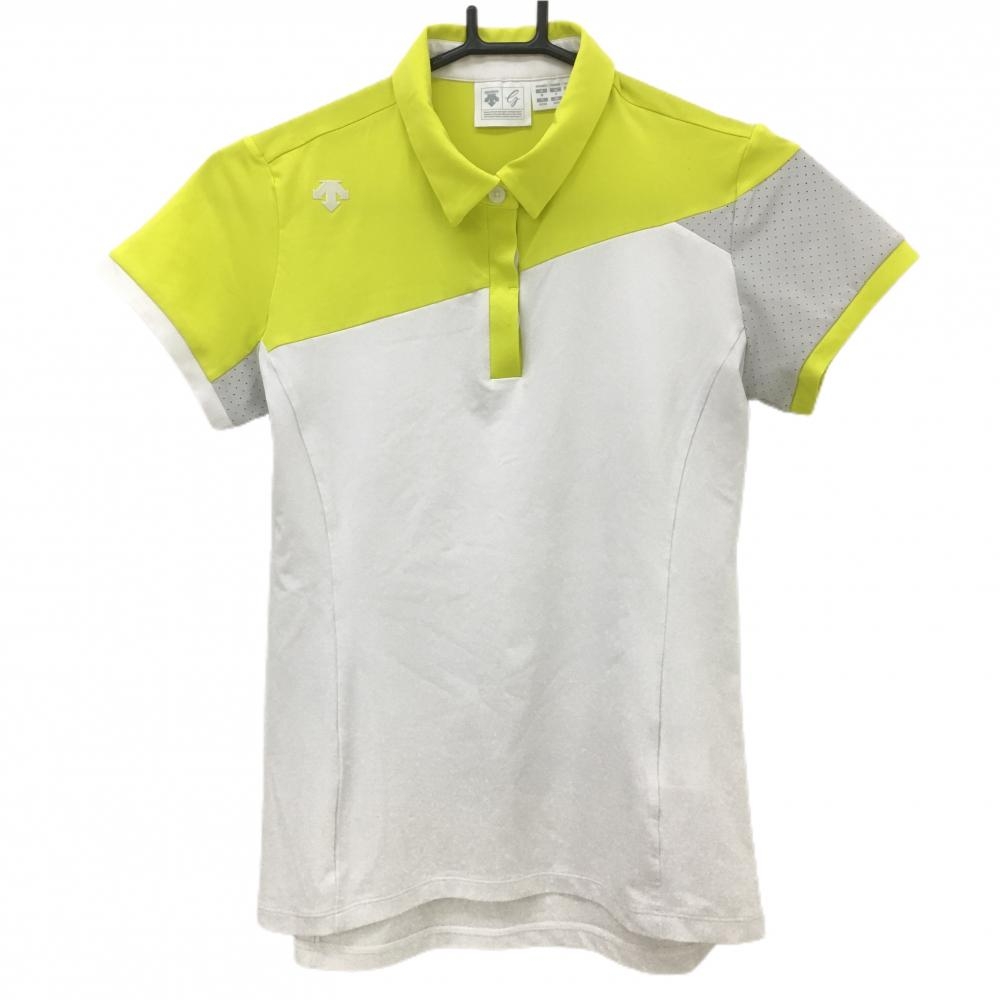【美品】デサントゴルフ 半袖ポロシャツ イエロー×白 袖一部パンチング 中田英寿  レディース M ゴルフウェア DESCENTE