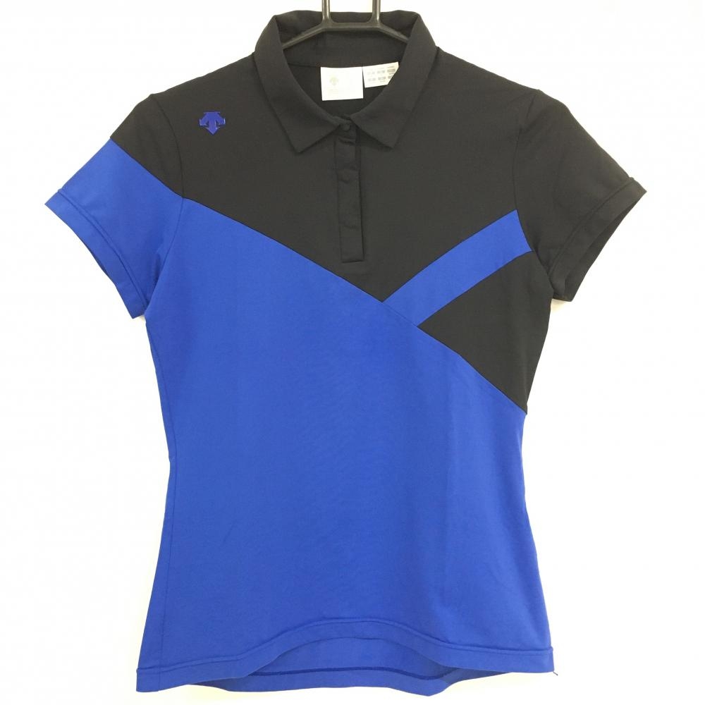 【超美品】デサントゴルフ 半袖ポロシャツ ブルー×ネイビー スナップボタン ストレッチ 中田英寿 レディース M ゴルフウェア DESCENTE
