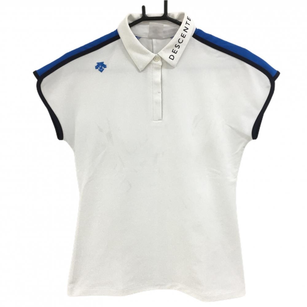 デサントゴルフ 半袖ポロシャツ 白×ブルー フレンチスリーブ 肩切替 中田英寿 レディース S ゴルフウェア DESCENTE