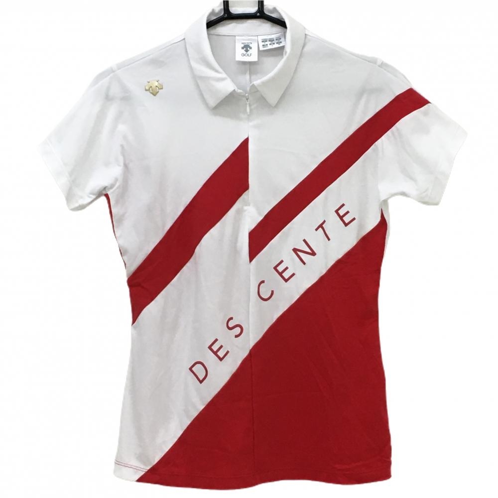 【超美品】デサントゴルフ 半袖ポロシャツ 白×レッド ロゴゴールド ハーフジップ 中田英寿 レディース M ゴルフウェア DESCENTE