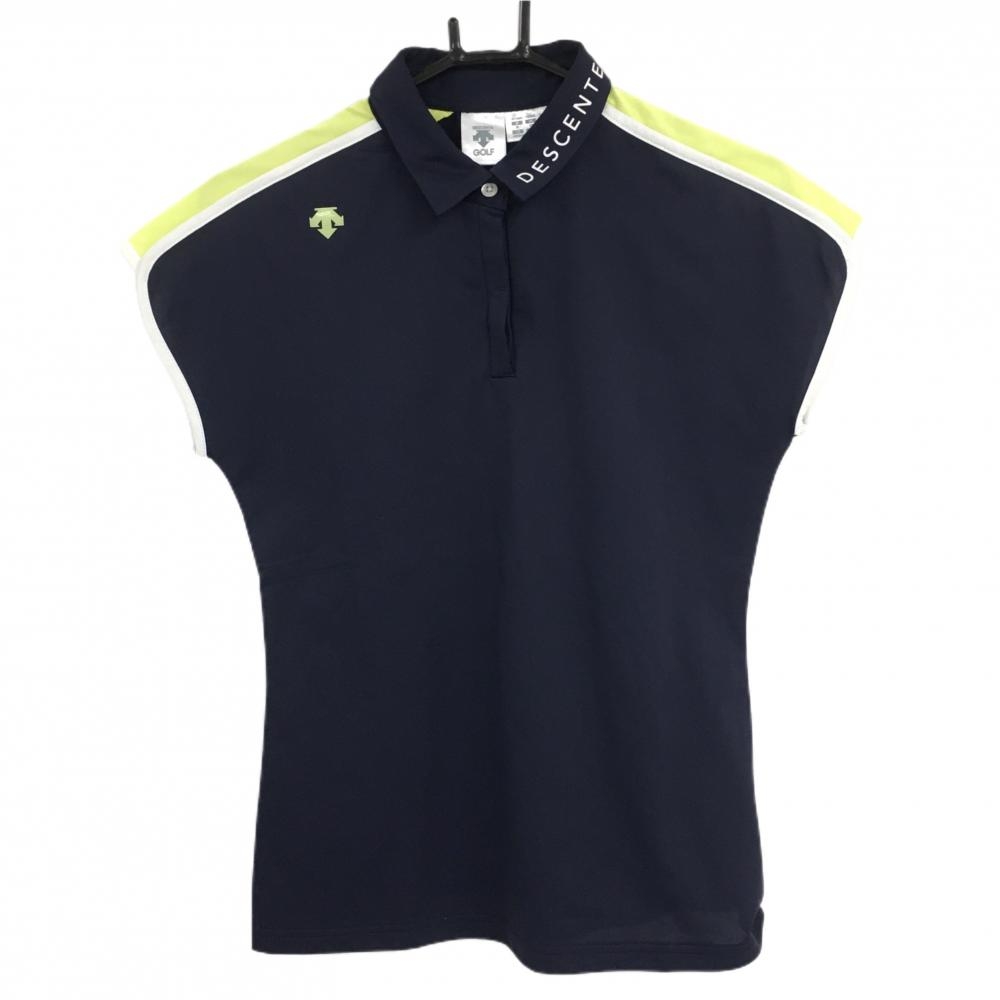 【美品】デサントゴルフ 半袖ポロシャツ ネイビー×ライトグリーン フレンチスリーブ 中田英寿 レディース M ゴルフウェア DESCENTE