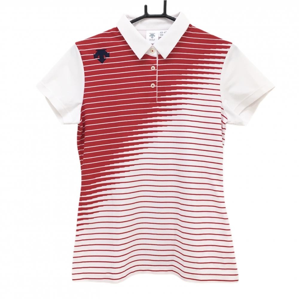 【新品】デサントゴルフ 半袖ポロシャツ レッド×白 身頃ボーダー 吸汗速乾 UVケア COOL レディース L ゴルフウェア DESCENTE